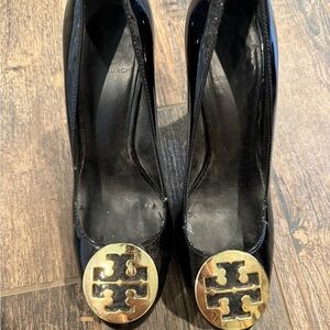 Tory Burch Black Heels with Gold Emblem